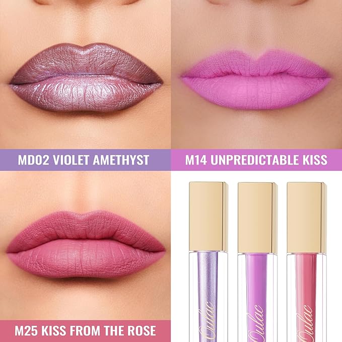 Oulac Matte Lipstick Metallic Lipstick Set for Women, Long Lasting Dual-UseLiquid Lipstick High Impact Lip Color Full Coverage Lip Makeup with Vitamin E Waterproof Formula,Vegan M14+M25+MD02-Velvo Beauty