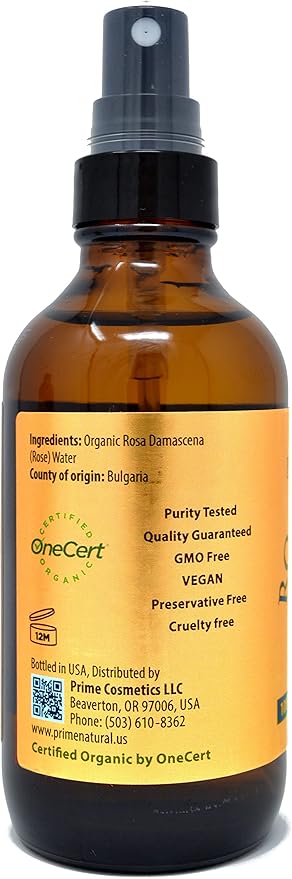 PRIME NATURAL Rose Water Spray 4oz/120ml, USDA Certified Organic, Facial Toner, Hydrating Mist for Face & Hair - Bulgarian, 100% Pure, Natural, Preservative-Free, Moisturizer from Fresh Rose Petals-Velvo Beauty