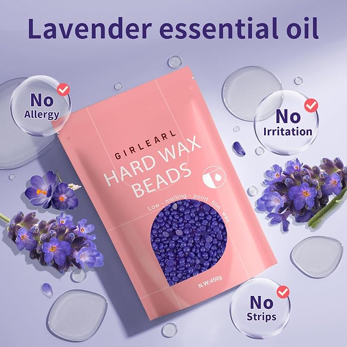 Hard Wax Beads, Wax for Women Sensitive Skin, 1lb, Lavender Formula, Hair Removal for Legs, Brazilian Bikini, Eyebrow, Facial and Full Body-Velvo Beauty