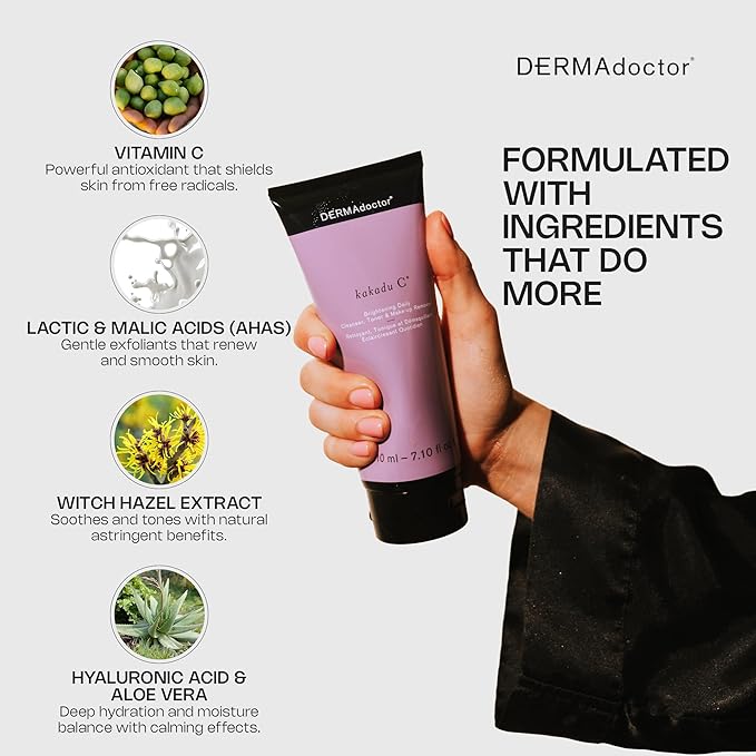 DERMAdoctor Vitamin C Facial Cleanser, Daily Face Wash, Toner, Makeup Remover | High-Potency Vitamin C from Kakadu Plum, Facial cleanser, Face Scrub, Cleanse Pores, Removes oil, Sunscreen, Pollutants-Velvo Beauty