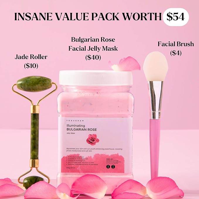 Jelly Face Mask for Facials - Bulgarian Rose Hydrating, Brightening & Nourishing Jelly Mask with Free Jade Roller & Spatula | Professional Hydrojelly Masks | Vajacial Jelly Mask Powder | 23 Oz Jar-Velvo Beauty