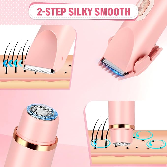Women's Bikini Trimmer, 2-in-1 Electric Shaver for Bikini Line, Legs, Underarms, Face - Waterproof Women's Electric Shaver for Sensitive Skin, USB Rechargeable (Purple) (Pink)-Velvo Beauty