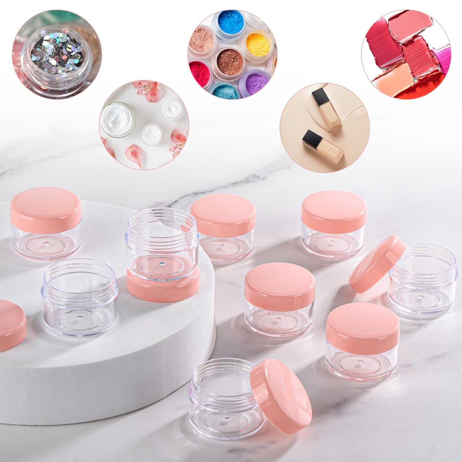 Refillable Cosmetic Sample Jars - 100 Pack 15g (0.5oz) Pink Small Travel Containers with Lids + 10 Mini Makeup Spatulas - BPA Free-Velvo Beauty