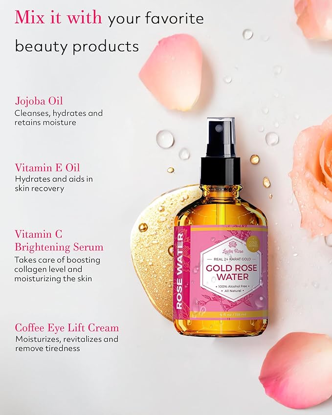 24 Karat Gold Rose Water Toner by Leven Rose Natural Moroccan 24K Rosewater Toner 4 oz-Velvo Beauty