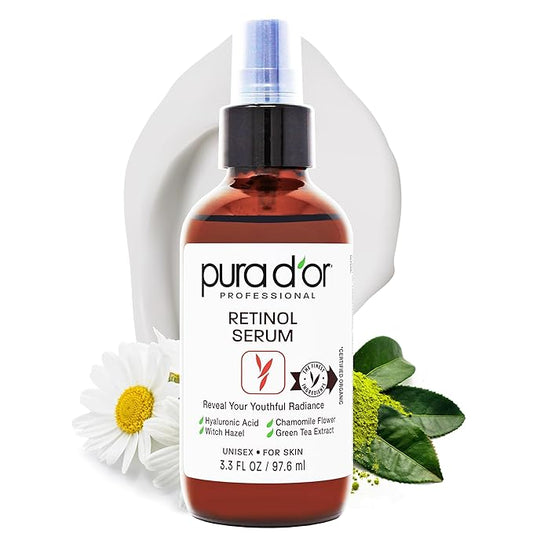 PURA D'OR 3.3 Oz Retinol Serum For Nighttime - Advanced PM Skin Care Formula - Anti-Aging Wrinkle Reducer for Radiant Skin - Natural Vitamin A & Collagen Booster - Fine Lines Treatment - Travel Size-Velvo Beauty