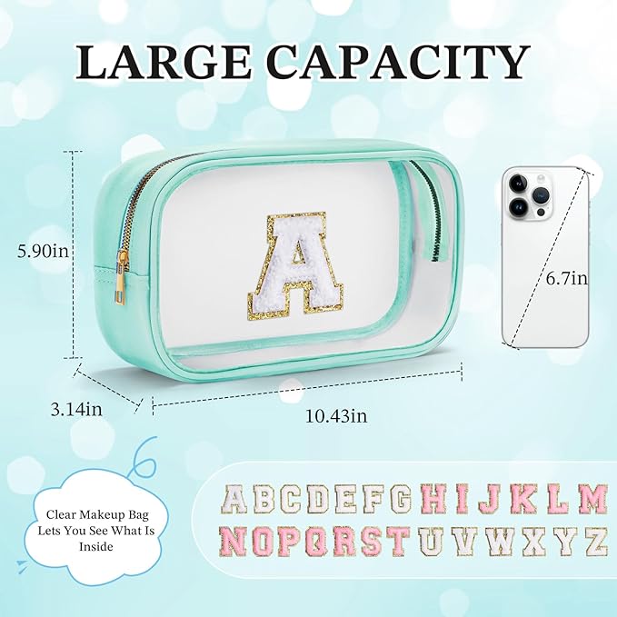 YOOLIFE Initial Travel Toiletry Bag, Clear Makeup Bag Preppy Cosmetic Bags Organizer Travel Essentials Gifts for Women Teen Girlfriend Teacher Mom Birthday Clear Makeup Bags With Zipper Blue I-Velvo Beauty