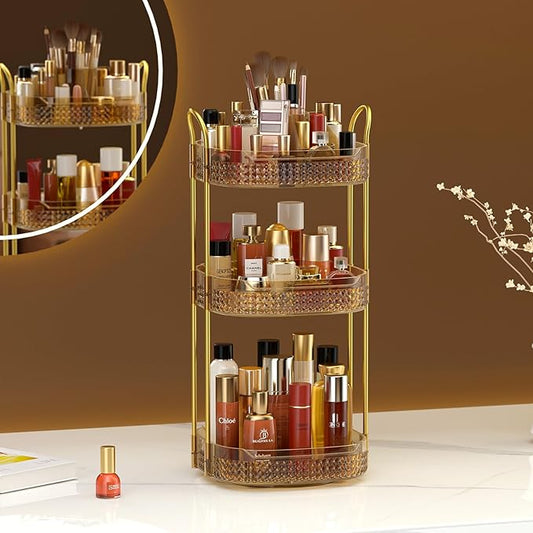 Awenia Rotating Makeup Organizer 360, Stackable Adjustable Large Capacity Cosmetic Storage Unit,Dresser Bathroom Kitchen Countertop Organizer with Metal Handle, Plus Size (Honorable Gold, 3 Tier)-Velvo Beauty