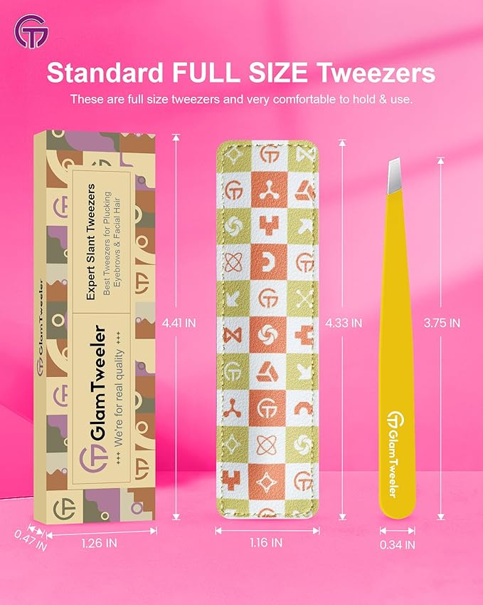Expert Eyebrow Hair Removal Tweezer with Leather Case, GlamTweeler High Precision Slant Tip Stainless Steel Tweezers for Men and Women (Chartreuse Yellow)