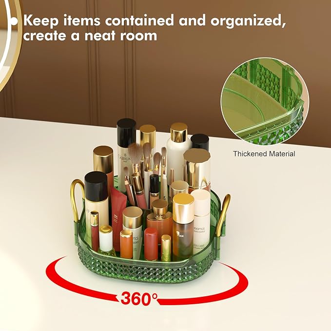 Awenia Rotating Makeup Organizer 360, Stackable Adjustable Large Capacity Cosmetic Storage Unit,Dresser Bathroom Kitchen Countertop Organizer with Metal Handle, Plus Size (Gem Green, 1 Tier)-Velvo Beauty