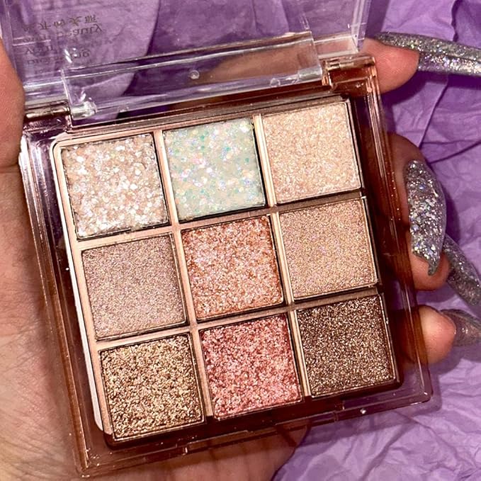 9 Colors Glitter Eyeshadow Palette Naturing-Looking Women Girls Eye Shadow,Pink White Gold Glitter Shimmer Sparkly Eye Shadow Palette Makeup,Warm Pastel Eyeshadows Palette Long Lasting Waterproof-Velvo Beauty
