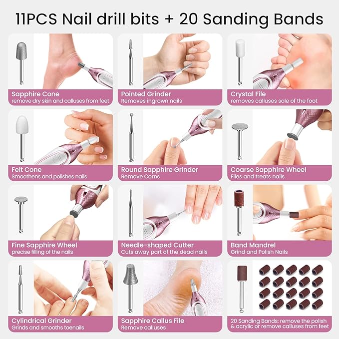 36-Piece Professional Manicure Pedicure Kit-Cordless Electric Nail File Kit,20000RPM, 11Pcs Bits,4 Speed,Rechargeable Pedicure Tool for Feet,Hand Foot Care Nail Drill Tool for Nail Grind Trim Polish-Velvo Beauty