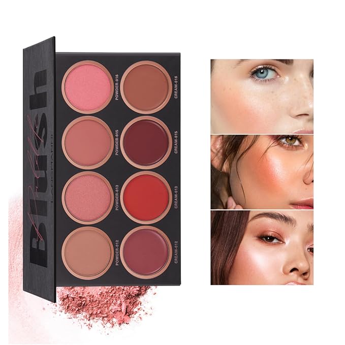 8 Colors Blush Palette, 4 Dry Powders + 4 4 Blush Creams, Contour and Highlight Blush Palette for Cheek and Eye Makeup Long-Lasting Pigment Lightweight Professional Blush Palette(1, pink, Large)-Velvo Beauty