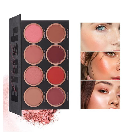 8 Colors Blush Palette, 4 Dry Powders + 4 4 Blush Creams, Contour and Highlight Blush Palette for Cheek and Eye Makeup Long-Lasting Pigment Lightweight Professional Blush Palette(1, pink, Large)-Velvo Beauty