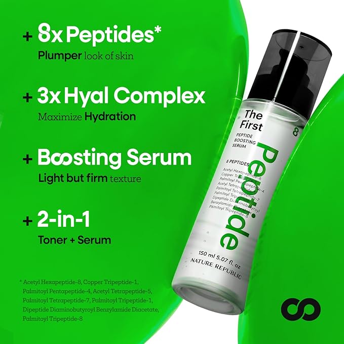 Nature Republic The First Peptide Boosting Serum, 8 Peptides, Niacinamide & Triple Hyaluronic Acid Complex,17 Amino acids,for All Skin Types, Korean Skin Care150ml/5.07 fl oz-Velvo Beauty