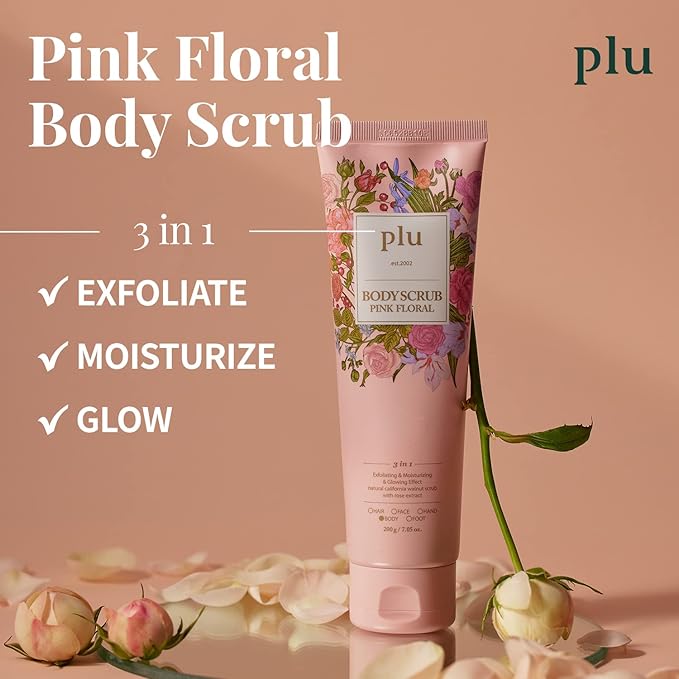 PLU Korean Walnut Body Scrub Pink Floral with Manuka Honey - Exfoliating & Moisturizing & Firming Glow - for Acne, Cellulite, Stretch Marks, Spider Veins, Fresh & Elegance Rose Scent 6.76 oz.-Velvo Beauty
