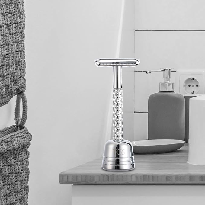 Double Edge Safety Razor for Men with Stand and Silicone Cover - Durable Metal Eco-Friendly Single Blade Safety Razor with 10 Blades- Closed Smooth Shave (Silver)-Velvo Beauty