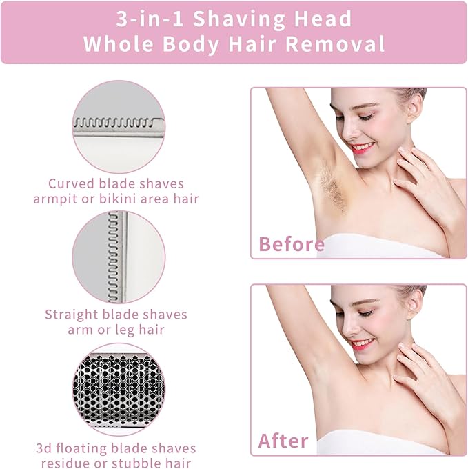 Electric Razor for Women Men,4 in 1 Painless Ladies Wet & Dry Body Razors and Facial Hair Remover,Rechargeable Led Display Hair Removal Kit for Nose Face Body Leg Bikini Arm Hair (Pink)-Velvo Beauty
