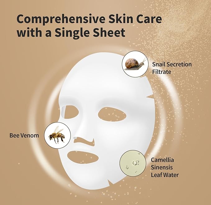 BENTON Snail Bee High Content Mask Pack (20g / 10 Sheets) - Snail Mucin Face Mask With Bee Venom | Korean Skin Care Face Mask Sheets For Moisturizing, Soothing and Nourishing-Velvo Beauty