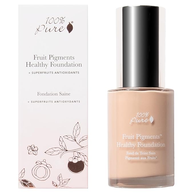 100% PURE Healthy Foundation Full Face Coverage Makeup, Liquid Matte Finish with Anti-Aging Benefits - Vegan Gorgeous Fruit Pigmented White Peach Color (Light with Warm Undertone) - 1 Fl Oz-Velvo Beauty