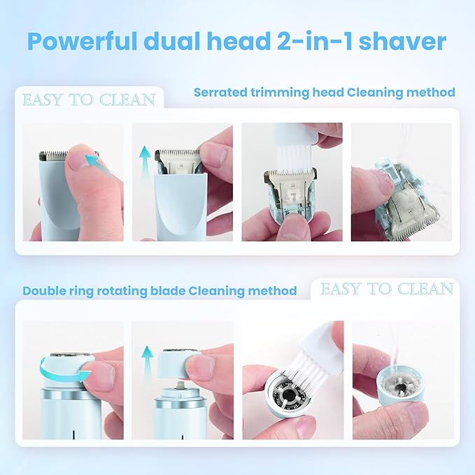 Bikini Trimmer for Women-2 in 1 Electric Razors for Women,USB Rechargeable Bikini Electric Shaver,IPX7 Waterproof Dry & Wet Use Body Hair Trimmer and Facial Hair Remover for Underarm Leg Body,Blue-Velvo Beauty