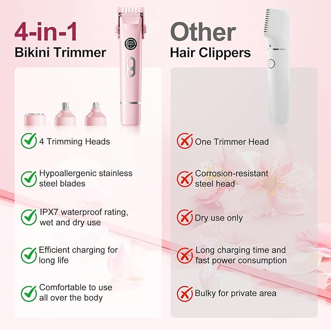 Bikini Trimmer for Women, 4 in 1 Wet/Dry Electric Razors for Women - Dual Head, Painless Rechargeable Portable Womens Razors for Shaving Set for Face, Nose, Eyebrows, Armpits, Bikini Area (Pink)-Velvo Beauty