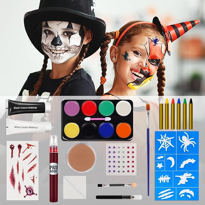 Halloween Makeup Kit, White Black Skeleton Face Paint, Clown Witch Makeup Palette, Vampire Zombie Makeup Kids Adult Special Effects: Fake Blood Scar Wax Tattoos Stencils Crayons Set-Velvo Beauty