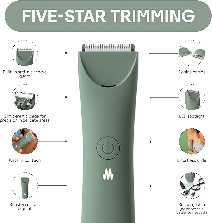 MERIDIAN Slimmer Trimmer – Electric Razor for Women, Bikini Line & Pubic Hair Trimmer, Rechargeable & Waterproof, Painless, Flawless Shave for Sensitive Skin, Gentle, Quiet & Travel-Friendly, Sage-Velvo Beauty