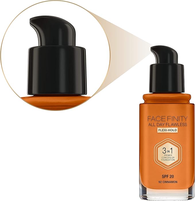 Max Factor Facefinity 3-in-1 All Day Flawless Foundation SPF 20#092 Cinnamon 7.05 Ounce-Velvo Beauty