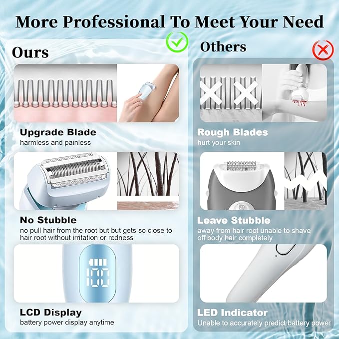 Electric Shaver Razors for Women 2-IN-1 Electric Razor for Womens Legs Underarm Face Pubic Hairs,Wet Dry Use Rechargeable Bikini Trimmer Hair Removal with Detachable Head,Painless IPX7 Waterproof Blue-Velvo Beauty