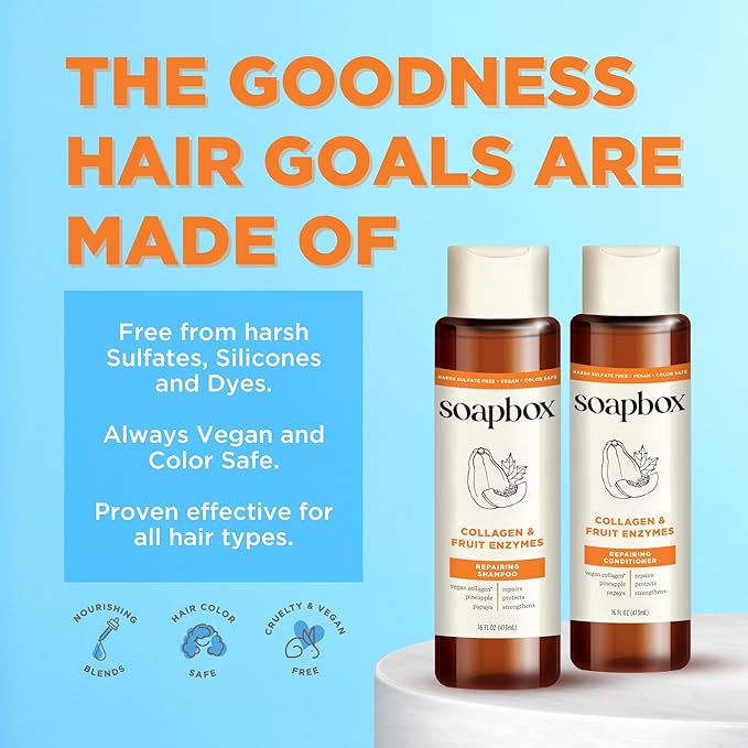 Soapbox Collagen Shampoo & Conditioner, For Dry, Fine or Thin Hair, Strengthening with Collagen & Peptides for Fuller Looking Hair, 16oz Each (Pack of 2)-Velvo Beauty