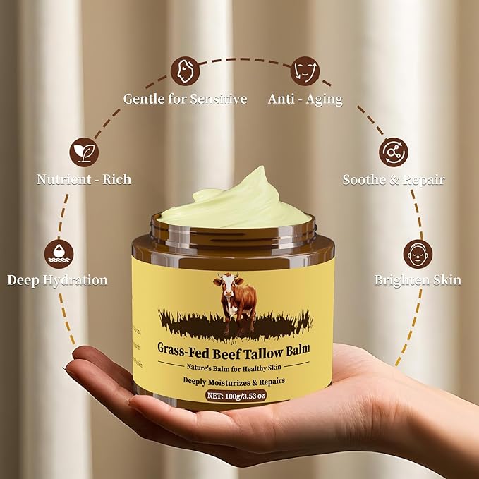Beef Tallow for Skin, Tallow and Honey Balm, Facial Moisturizer Cream, 100% Organic Grass Fed Whipped Beef Tallow Balm Deeply Moisturizing for Face & Body, Suitable For All Skin Types(3.53oz)-Velvo Beauty