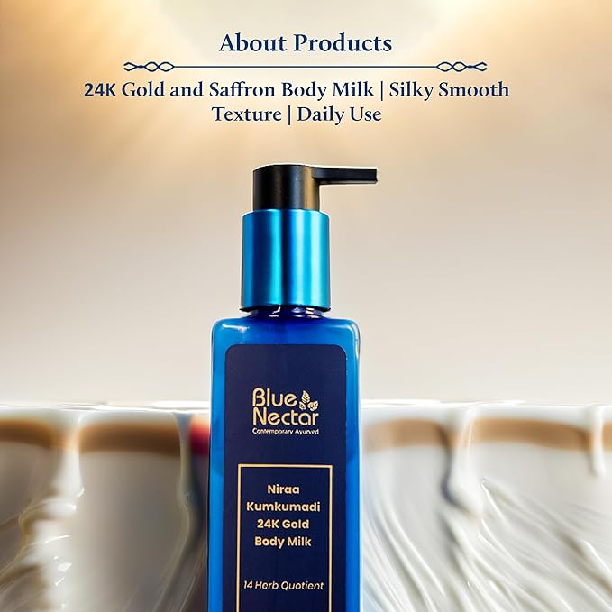 Blue Nectar 24K Carat Gold Body Milk for Women & Men | Body Lotion with Plant Based AHA & Niacinamide | Moisturizer for Body | All Skin Types (14 Herbs, 6.76 Fl Oz)-Velvo Beauty