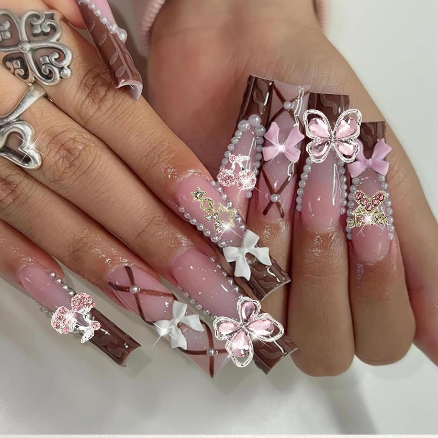 40PCS Nail Charms Y2k Pink Gold Nail Art Rhinestone Charms 3D Heart Star Bow Cherry Nail Gems for Acrylic Nail Accessories for Women Girl Manicure DlY Crafts Supplies-Velvo Beauty
