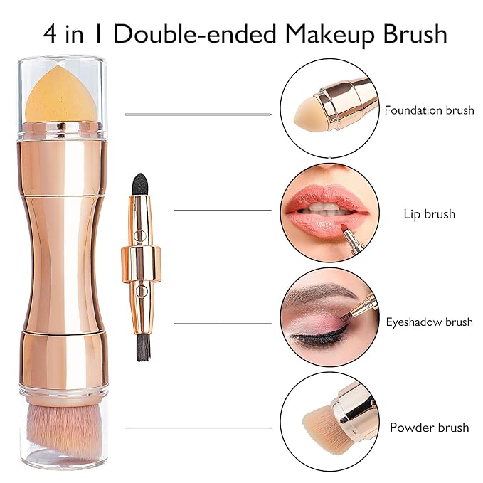 kullder 4 in 1 Makeup Brush Travel Makeup Brushes Blend Sponge, Eyebrow, Eyeshadow & Blush Brushes for Foundation Concealer Double Ended Makeup Brush with Powder Puff Women Ideal Gifts-Velvo Beauty