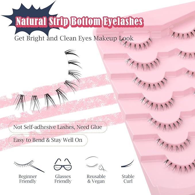 Lashes Natural Bottom Lashes 9mm Lower Strip Lashes Extention False Eyelashes Natural Look Wispy Bottom Eyelashes Fake Lashes Pack 7 Pairs-Velvo Beauty