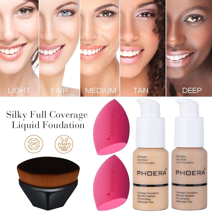 Makeup Kit for Women Included 2 Phoera Foundation SPF 20+ 30ml Matte Oil Control, 2 Kabuki Makeup Brushes, Phoera Primer, Powder Foundation, 2 Makeup Sponges (101 Porcelain + 102 Nude)-Velvo Beauty