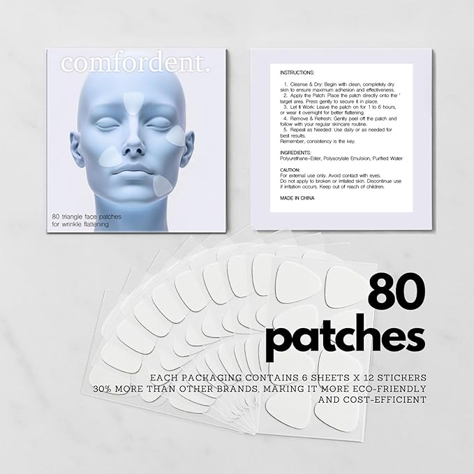 Smoothing Triangle Wrinkle Patches Set - 80 Facial Tapes for Targeted Fine Line & Crease Flattening - Forehead, Crow’s Feet, Frown Lines Overnight Repair-Velvo Beauty