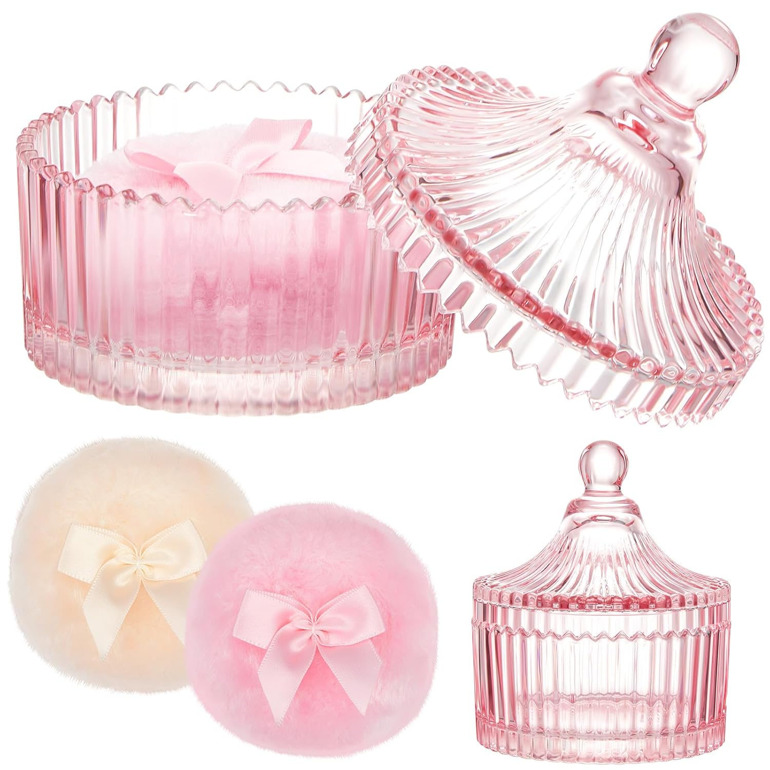 Tioncy 3 Pcs Large Body Powder Puff and Container Crystal Container Soft Washable Reusable Velour Face Body Glitter Powder Puff Wet Dry Makeup Simple Style (Pink)-Velvo Beauty