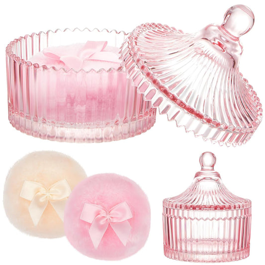 Tioncy 3 Pcs Large Body Powder Puff and Container Crystal Container Soft Washable Reusable Velour Face Body Glitter Powder Puff Wet Dry Makeup Simple Style (Pink)-Velvo Beauty