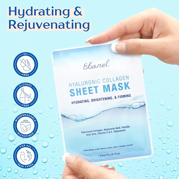 Ebanel 10 Pack Collagen Face Mask with Hyaluronic Acid, Vitamin C, Peptide, Aloe, Instant Brightening Hydrating Face Masks Skincare Korean Sheet Mask, Skin Firming, Lifting Anti Aging Facial Masks-Velvo Beauty