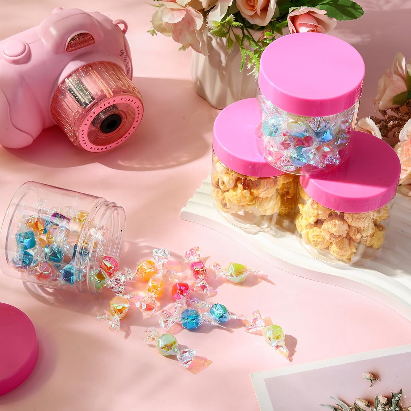 SATINIOR 100 Pcs Plastic Jars with Lids Small Containers Lids Wide Mouth Small Plastic Containers for Lotion Cream Rhinestones Body Butters Travel Storage(8 oz, Pink)-Velvo Beauty