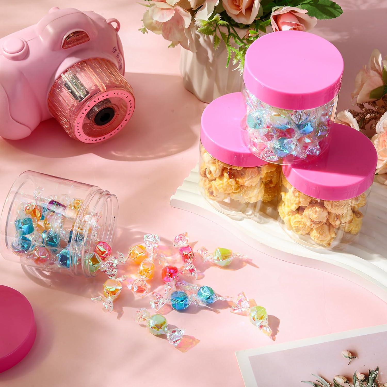 SATINIOR 100 Pcs Plastic Jars with Lids Small Containers Lids Wide Mouth Small Plastic Containers for Lotion Cream Rhinestones Body Butters Travel Storage(8 oz, Pink)-Velvo Beauty