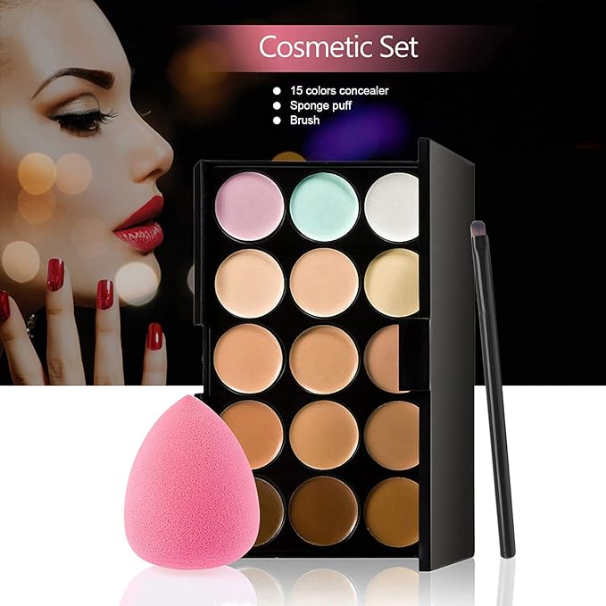 Concealer Palette, 15 Colors Makeup Palette Facial Camouflage Contour Palette with Sponge Puff Oval & Makeup Brush Beauty Make up Cream-Velvo Beauty