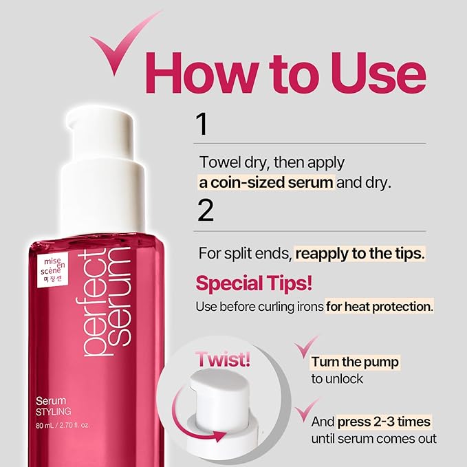 Mise En Scene Perfect Styling Serum for Heat Damage Protection - Hair Serum for holding Bounce, Hair Essence for Long Lasting Curl, Powdery Scent, with Argan Oils, 2.70 fl. Oz-Velvo Beauty