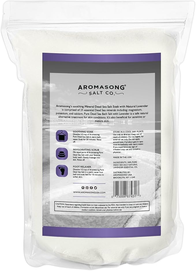 Aromasong Pure Dead Sea Salt for Soaking with 100% Natural Lavender, 19 LB - Spa Bath Salt Fine Grain - Body Wash Scrub - Soak for Women & Men- Bulk Resealable Pack-Velvo Beauty
