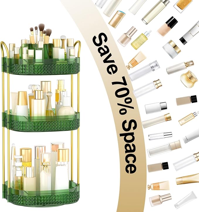 Rotating Makeup Organizer for Vanity 3 Tier, Perfume Organizer with Makeup Brush Holder, Large Capacity Cosmetics Clear Skincare Organizer for Countertop (Green)-Velvo Beauty