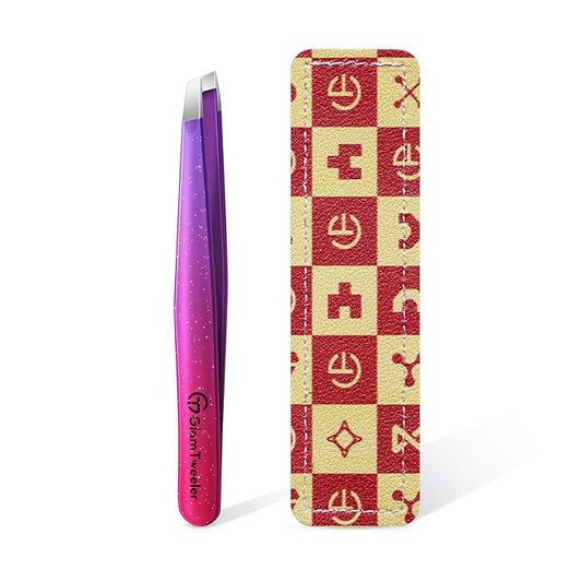 Expert Slant Tip Tweezers with Leather Travel Case, GlamTweeler Sharp & Precision Stainless Steel Tweezer for Eyebrows, Facial Hair and Fine Hairs Removal (Sparkle Deep Violet & Lavender)-Velvo Beauty