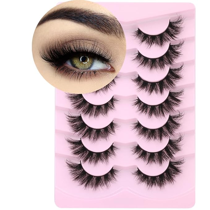 Mink Lashes False Eyelashes Wispy 3D Volume Cat Eye Faux Mink Eyelashes Natural Look 18mm Strip Eyelashes Pack 7 Pairs by Kiromiro-Velvo Beauty