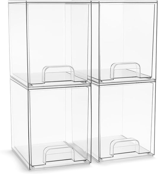 Sorbus Acrylic Storage Containers - 4 Pack, Stackable Storage Bins Set for Bathroom Organization - Clear Acrylic Drawer Organizers - Makeup Case Pull-Out Drawers (7.6’’ Tall)-Velvo Beauty