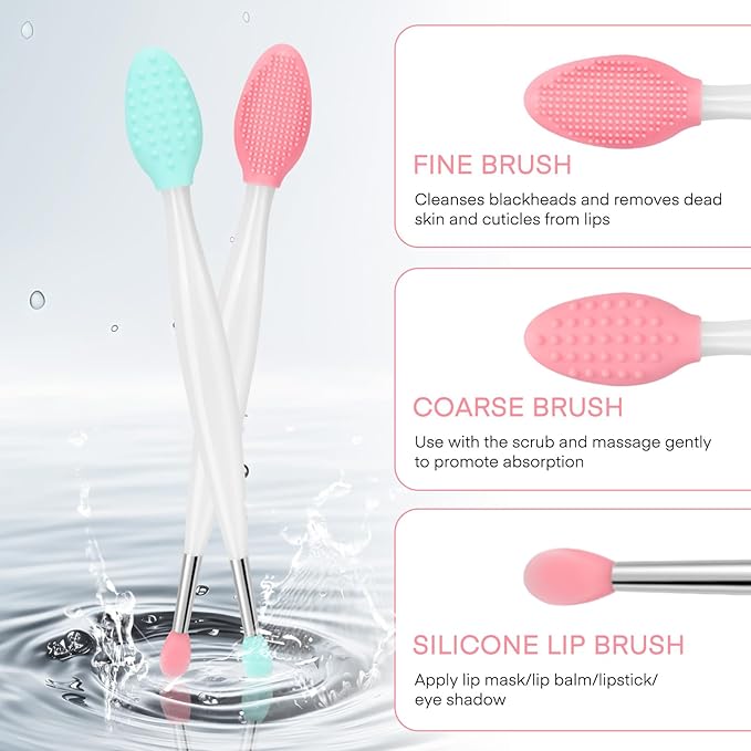 Unaone Lip Scrub Brush - 2 PCS Dual-ended Lip Scrubber Exfoliator and Silicone Lip Brush, 3-in-1 Silicone Lip Scrub Tool Lip Mask Applicator, Gentle Exfoliator & Applicator for Soft-Velvo Beauty